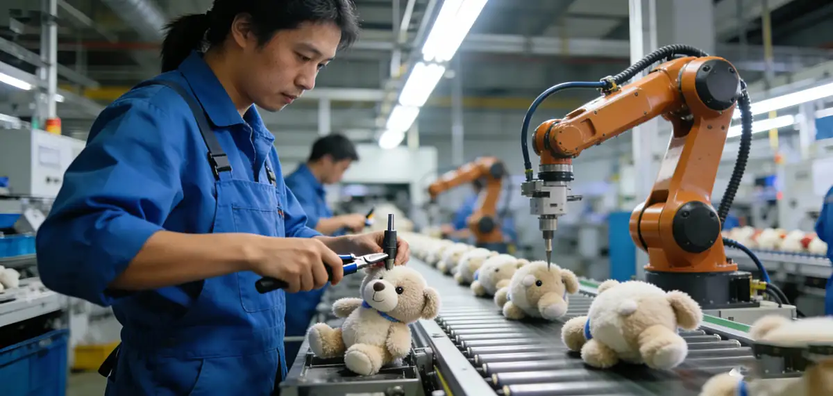 Modern factory producing AI spiritual devices for European and Asian markets, showcasing advanced AI device manufacturer capabilities